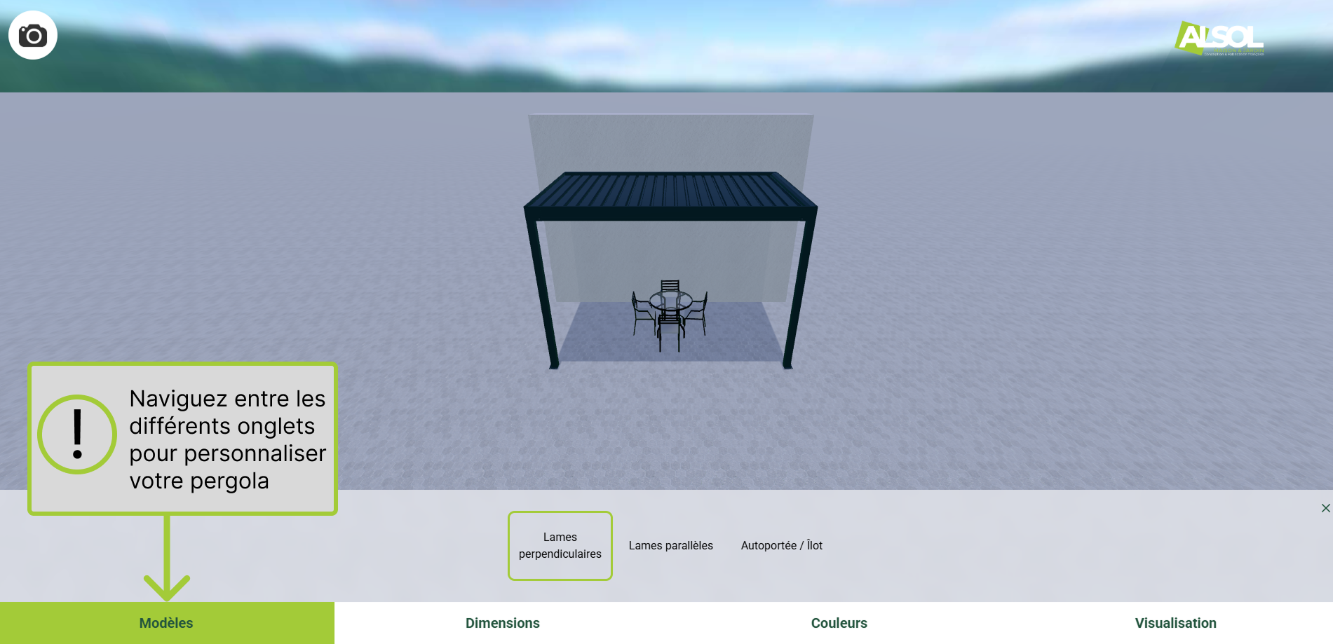 Onglets Configurateur Pergola 3d